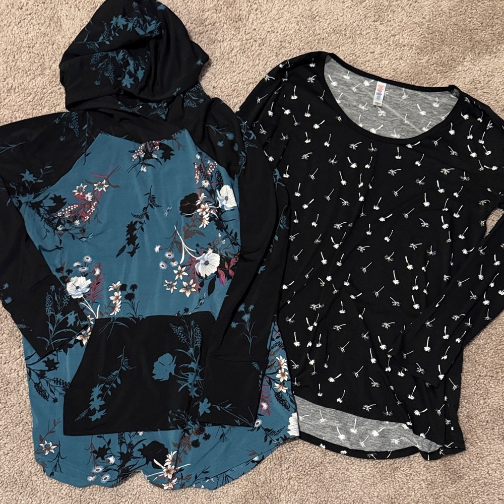 LuLaRoe Floral Hoodie and Patterned Top Set - Black and Teal